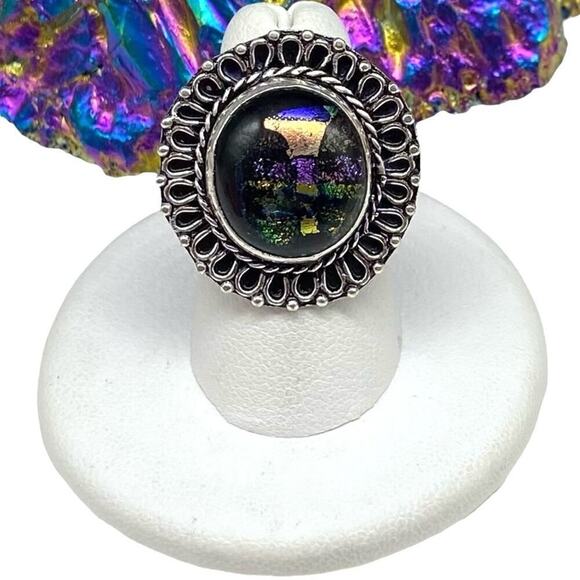 Dichroic Art Glass Ring Size 6.5 925 Sterling Silver Overlay Chunky Statement - Picture 6 of 6